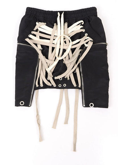 Black Elastic Waist Drawstring Pockets Asymmetrical Design Fall Skirts