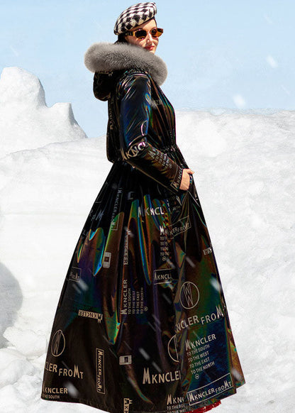 Black Fox Collar Drawstring Letter Print Duck Down Puffers Jackets Winter