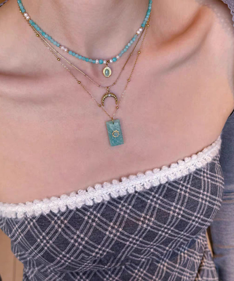 Blue Sterling Silver Overgild Beading Amazonite Pendant Necklace Three-piece Set