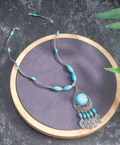 Blue Sterling Silver Turquoise Water Drop Leaves Pendant Necklace