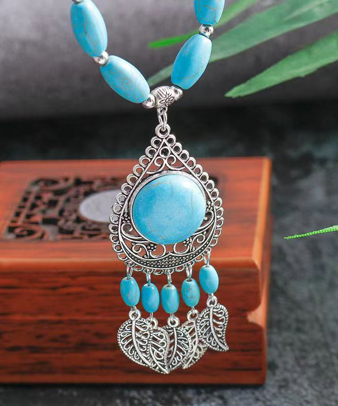 Blue Sterling Silver Turquoise Water Drop Leaves Pendant Necklace