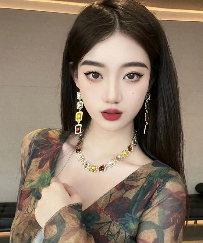 Gold Alloy Gem Stone Necklace and Drop Earrings Two-piece Set