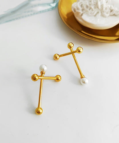 Gold Copper Overgild Asymmtricar Cross Glass Pearl Stud Earrings