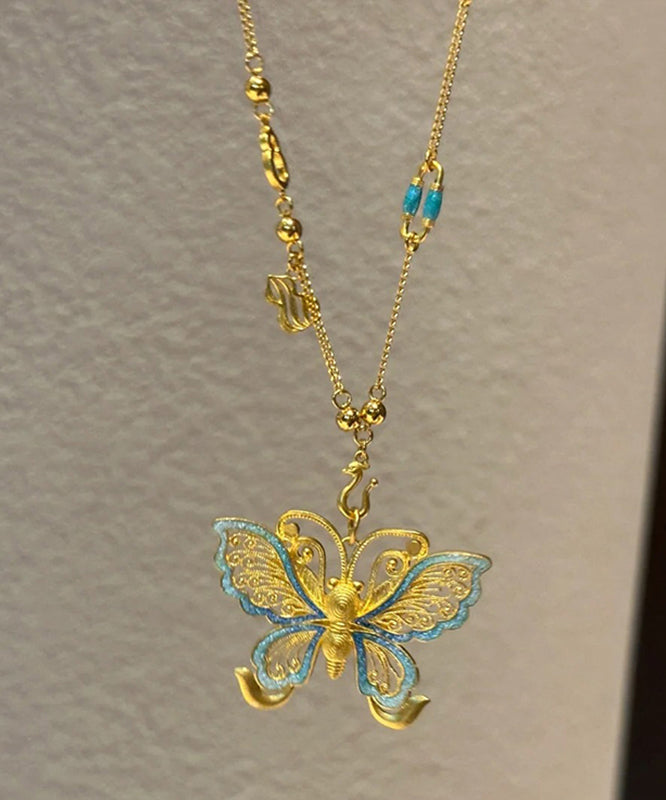 Gold Sterling Silver Overgild Butterfly Hollow Out Pendant Necklace Po056