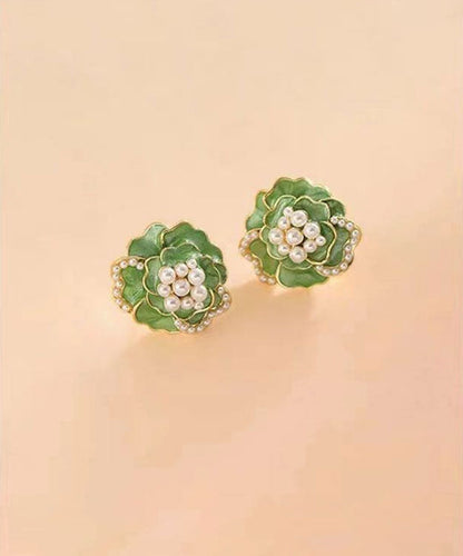 Green Sterling Silver Copper Pearl Stud Earrings Tw1030
