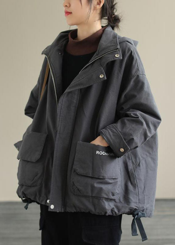 Grey Zippered Loose Drawstring Fall Long Sleeve Coat