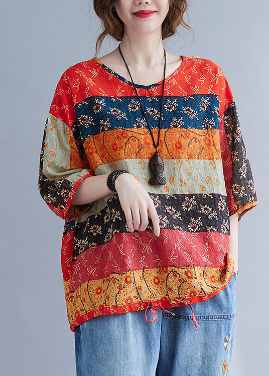 Print V Neck Patchwork Loose Drawstring Fall Blouses Half Sleeve