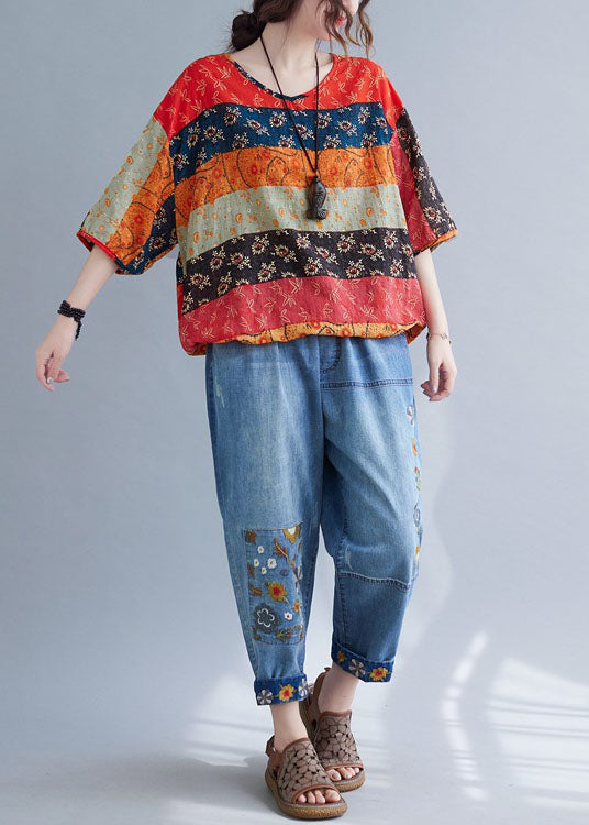 Print V Neck Patchwork Loose Drawstring Fall Blouses Half Sleeve