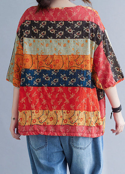 Print V Neck Patchwork Loose Drawstring Fall Blouses Half Sleeve