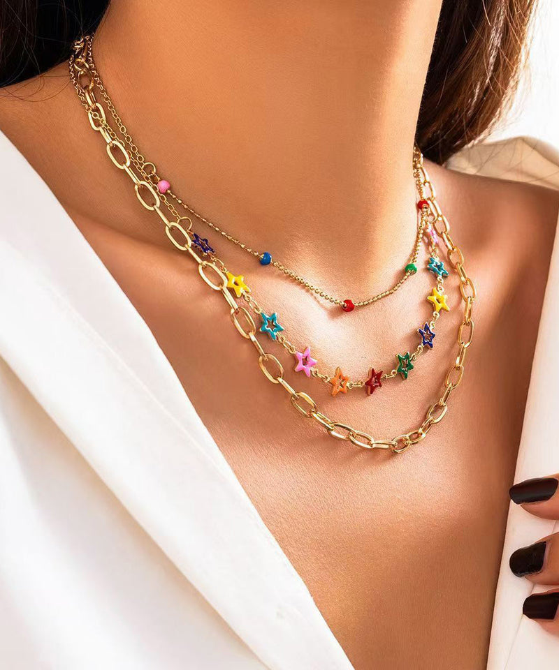 Rainbow Alloy Beading Broken Silver Love Three Piece Set Princess Necklace