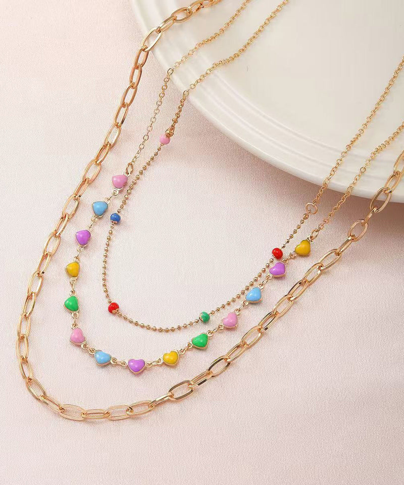Rainbow Alloy Beading Broken Silver Love Three Piece Set Princess Necklace Rg014