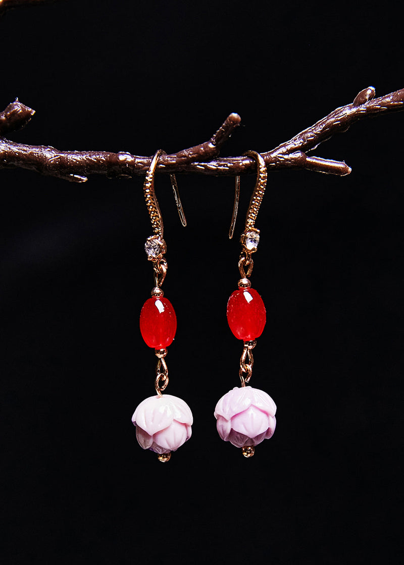 Red Gem Fine Lotus Flower Stone Drop Earrings