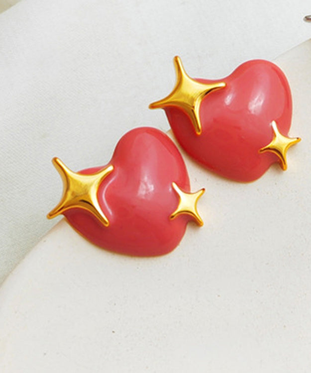 Red Patchwork Copper Heart Stud Earrings