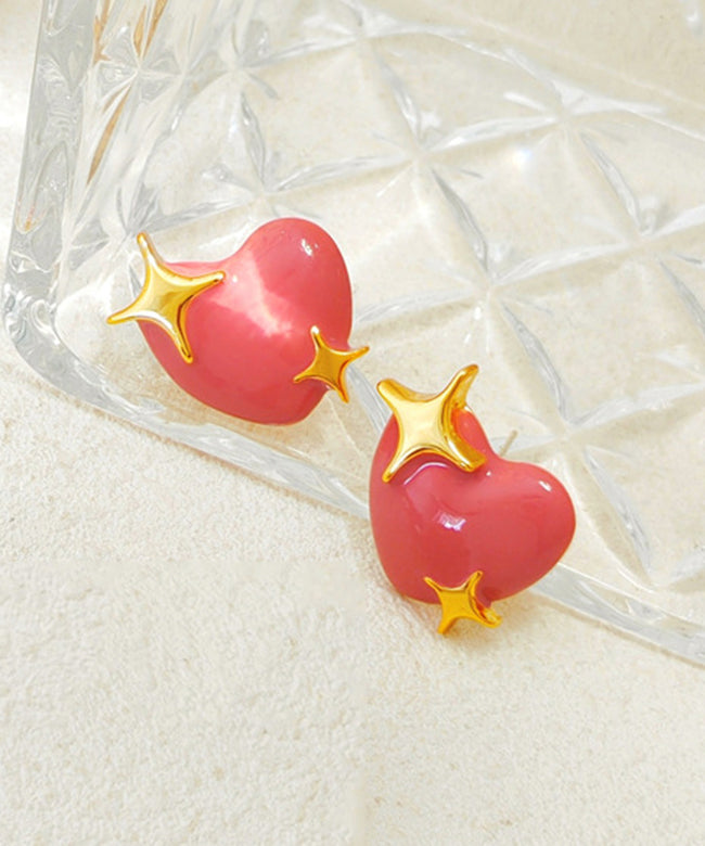 Red Patchwork Copper Heart Stud Earrings