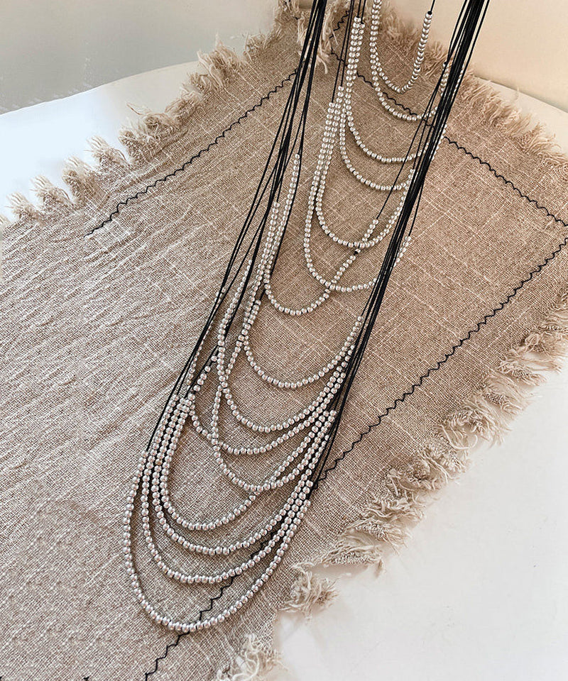 Silk Copper Leather Rope Patchwork Multi-layer Beading Tassel Gratuated Bead Necklace