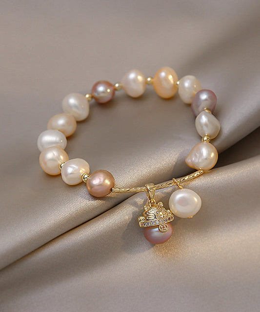 White Sterling Silver Overgild Pearl Lucky Cat Charm Bracelet