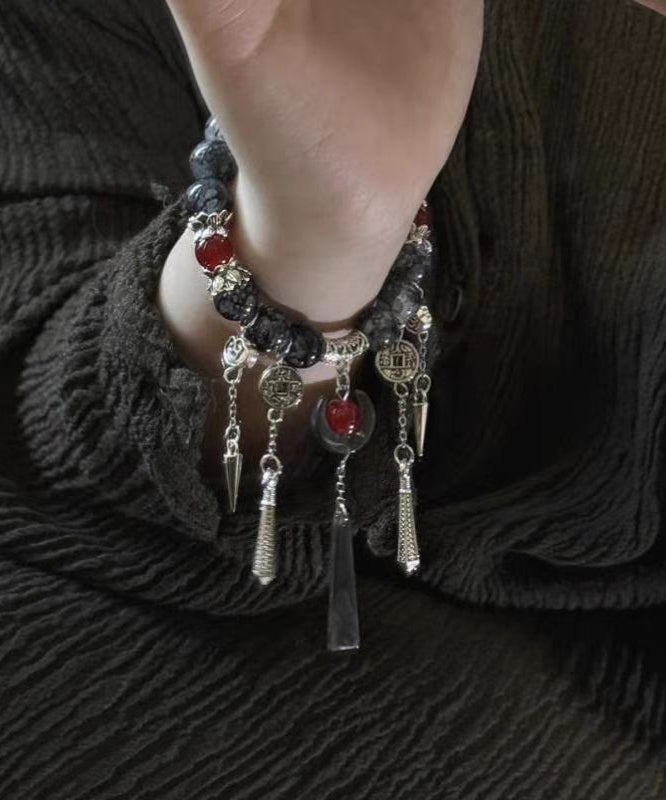 Boutique Black Sterling Silver Crystal Gem Stone Tassel Charm Bracelet