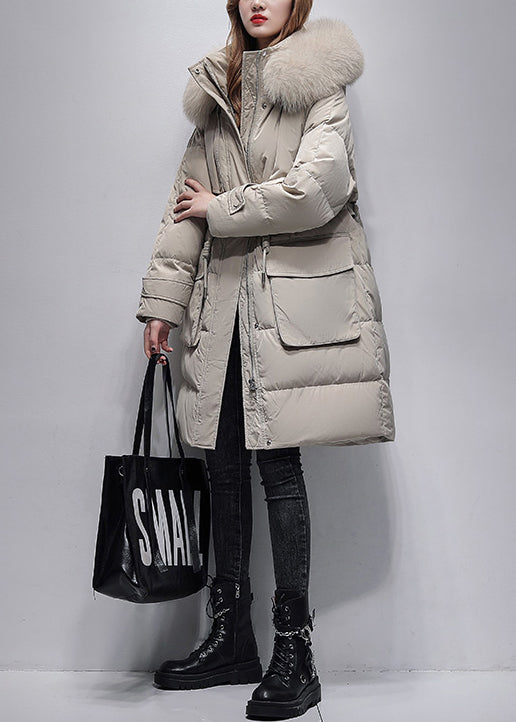 Boutique Beige Fur Collar Hooded Drawstring Cotton Blend Coat Winter