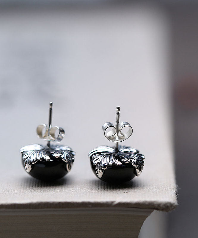 Boutique Black Sterling Silver Agate Stud Earrings Tw1029
