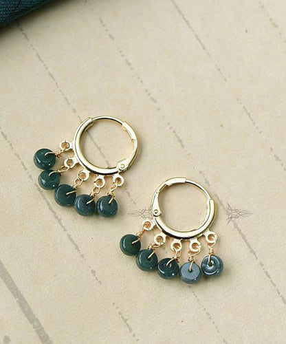 Boutique Blue Jade Tassel 14k Hoop Earrings