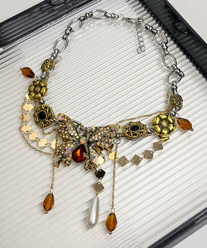 Boutique Gold Alloy Zircon Pearl Butterfly Tassel Pendant Necklace