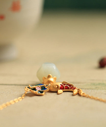 Boutique Gold Sterling Silver Ancient Gold Jade Lotus Enamel Pendant Necklace Po002