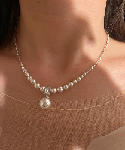 Boutique Gradient Size Beaded String Zircon Small Square Silver Choker