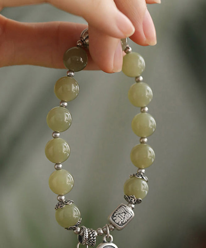 Boutique Light Green Sterling Silver Jade Charm Bracelet and Rings Two Piece Set Charm Bracelet
