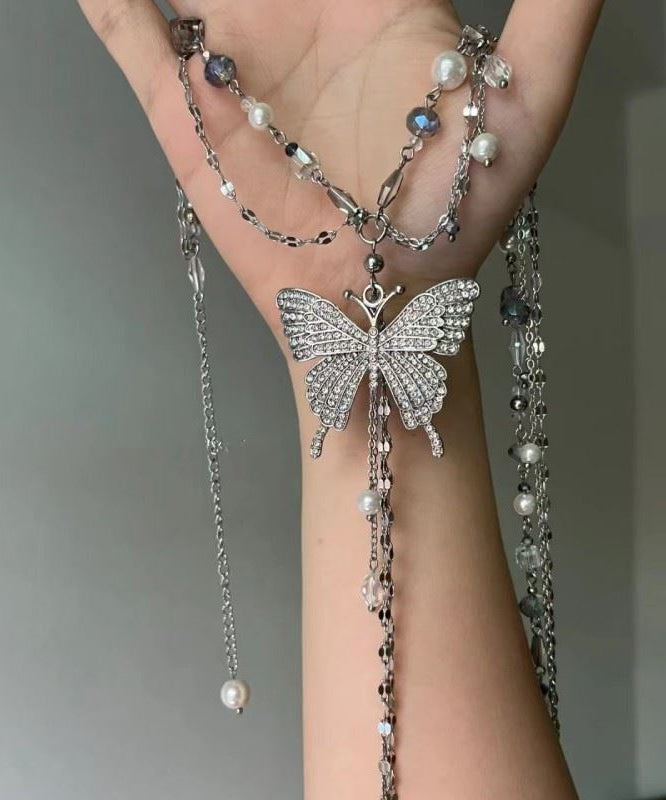 Boutique Silk Metal Butterfly Pearl Multilayer Tassel Lariat Necklace Zz066
