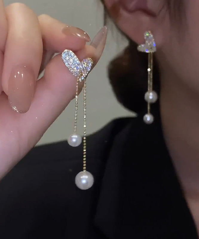 Boutique Sterling Silver Overgild Love Heart Pearl Tassel Drop Earrings Ly1788