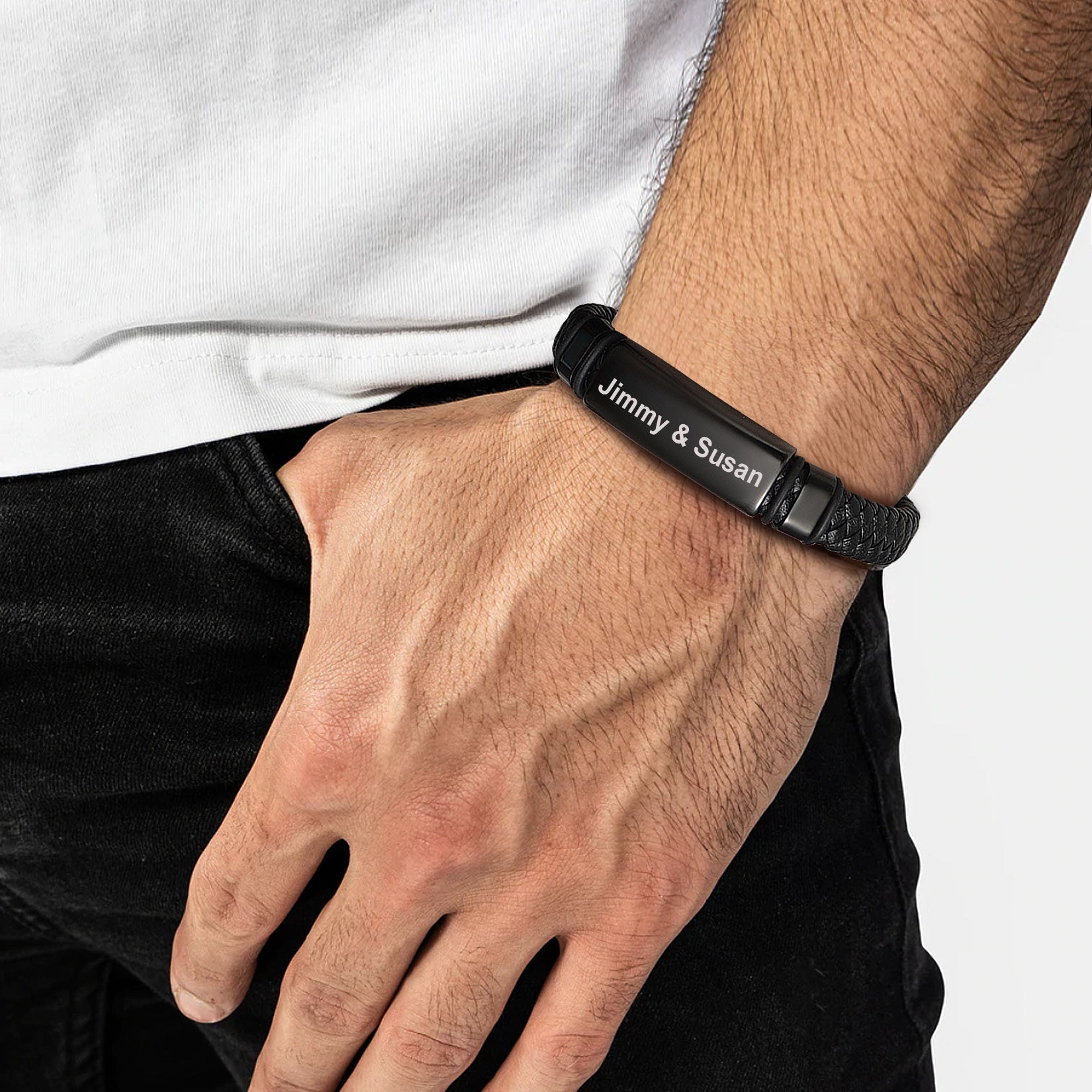 Custom Braided Black Engraved Leather Bracelet Cuff for