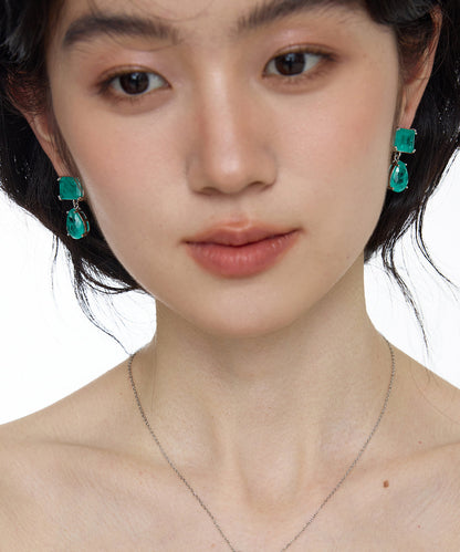 Brief Blue Copper Overgild Gem Stone Square Water Droplet Drop Earrings