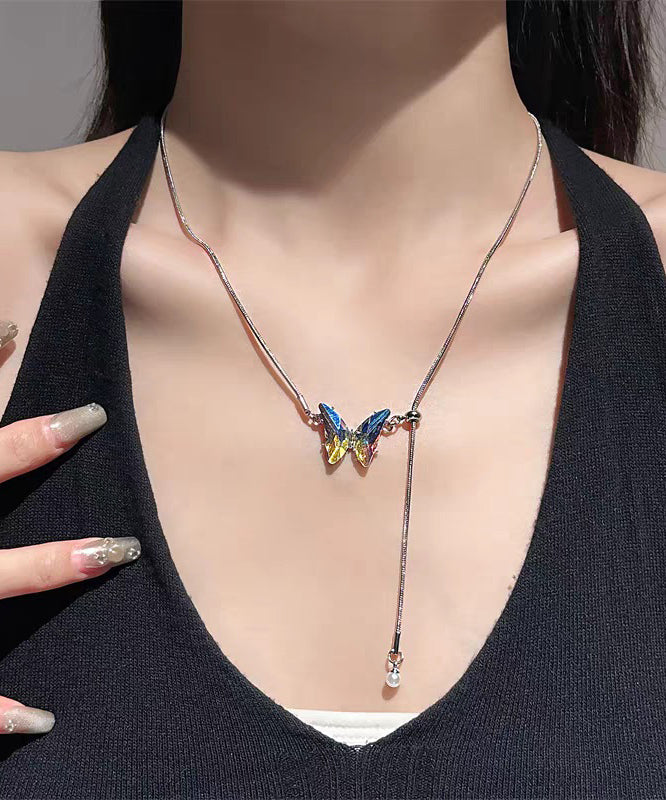 Brief Silk Stainless Steel Butterfly Tassel Pendant Necklace Ii022