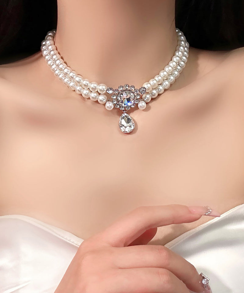 Brief White Alloy Zircon Double Layer Pearl Pendant Necklace Qj039
