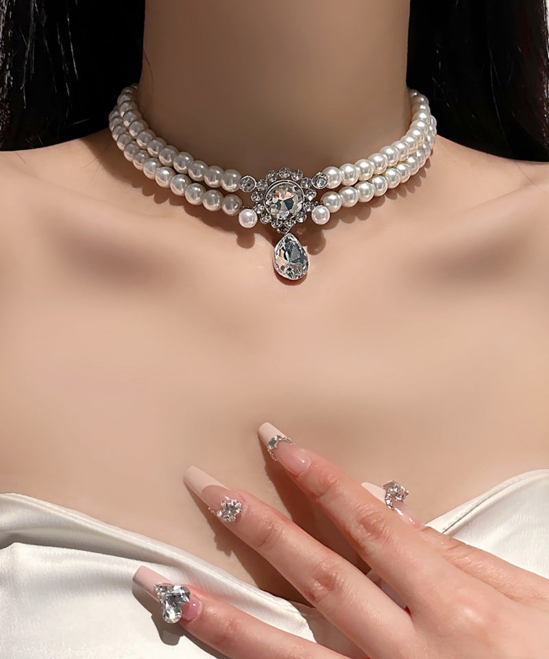 Brief White Alloy Zircon Double Layer Pearl Pendant Necklace Qj039