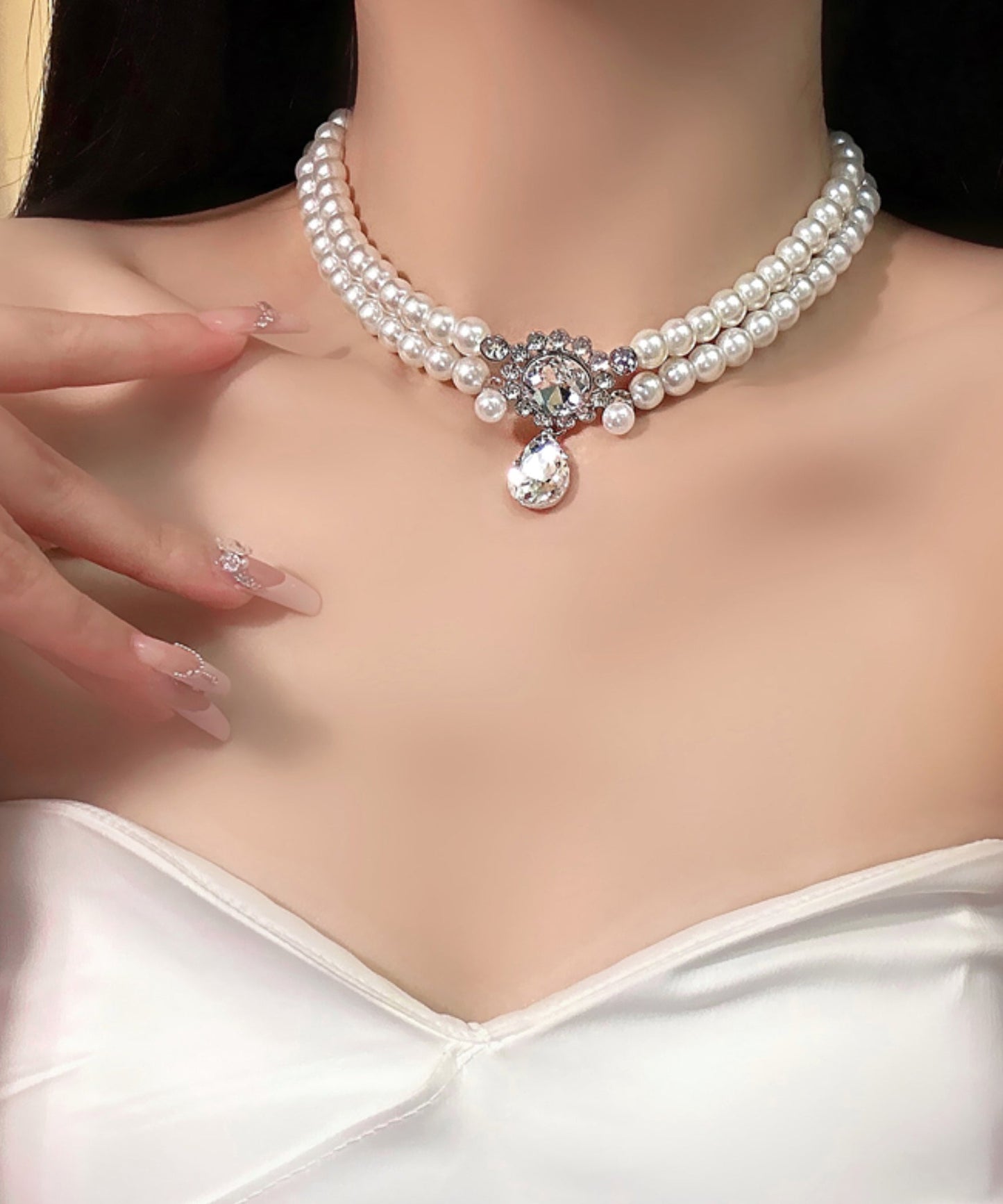 Brief White Alloy Zircon Double Layer Pearl Pendant Necklace Qj039