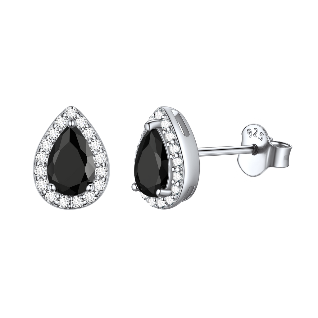 Silver Birthstone Teardrop Halo Stud Earrings for