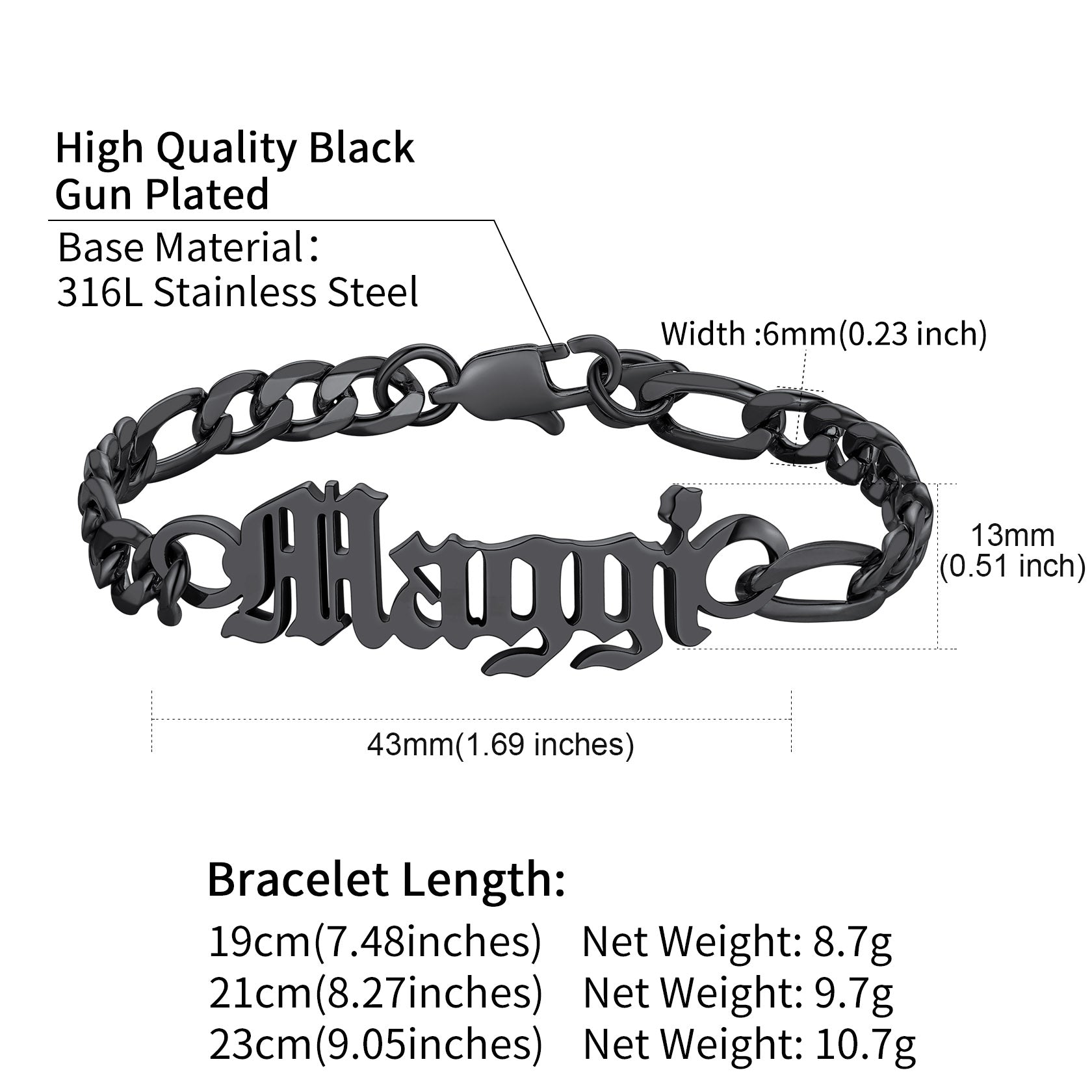 Engraved Name 6mm Figaro Link Chain Bracelet Gift for