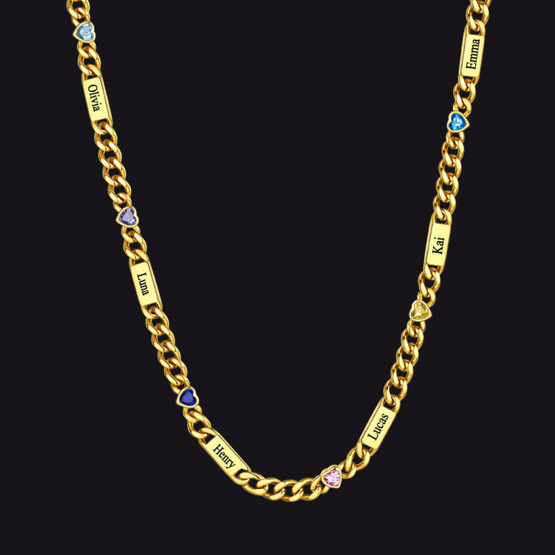 Personalized Name Cuban Chain Necklace With Heart Birthstone for Mom