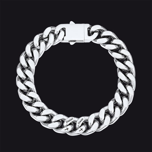 Personalized Multi Names Cuban Chain Bracelet With Cross Gift for Him , 12mm Width