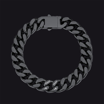 Personalized Multi Names Cuban Chain Bracelet With Cross Gift for Him , 12mm Width
