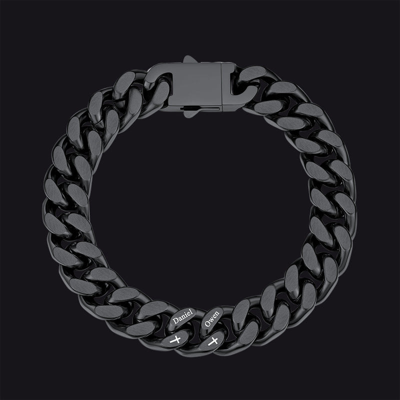 Personalized Multi Names Cuban Chain Bracelet With Cross Gift for Him , 12mm Width