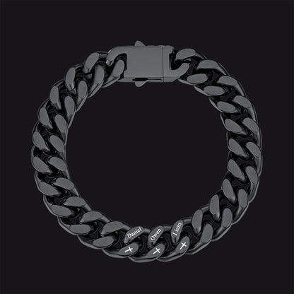 Personalized Multi Names Cuban Chain Bracelet With Cross Gift for Him , 12mm Width