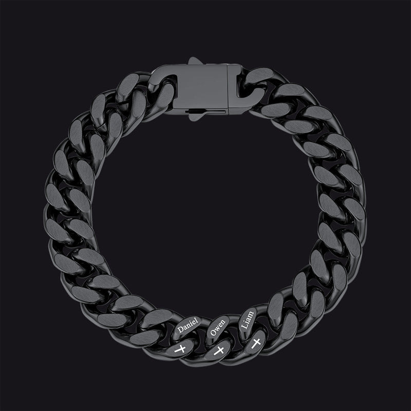Personalized Multi Names Cuban Chain Bracelet With Cross Gift for Him , 12mm Width
