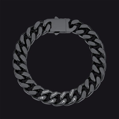 Personalized Multi Names Cuban Chain Bracelet With Cross Gift for Him , 12mm Width
