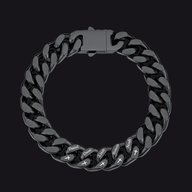 Personalized Multi Names Cuban Chain Bracelet With Cross Gift for Him , 12mm Width