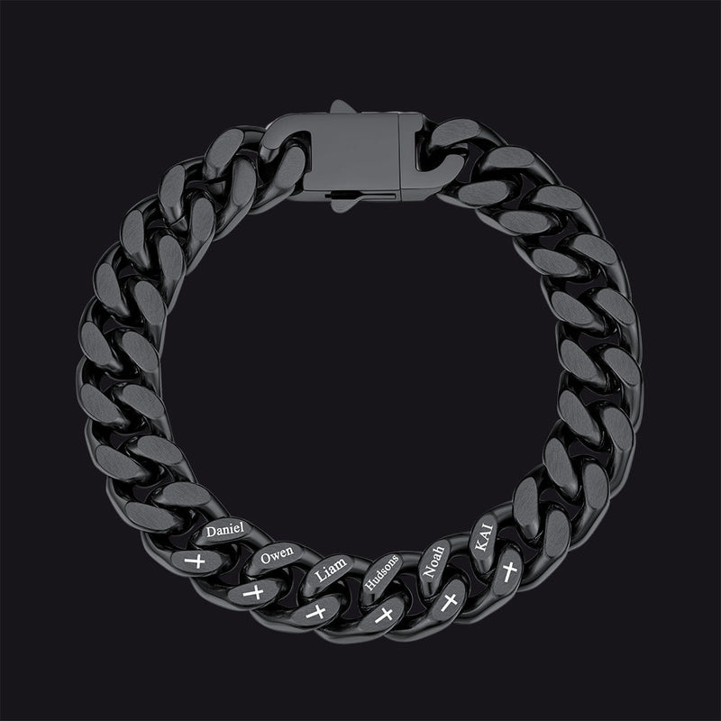 Personalized Multi Names Cuban Chain Bracelet With Cross Gift for Him , 12mm Width