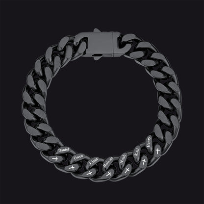 Personalized Multi Names Cuban Chain Bracelet With Cross Gift for Him , 12mm Width