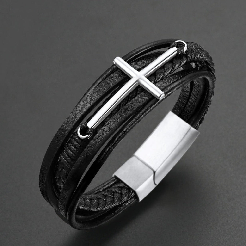 Christian Cross Braided Leather Bracelet Gift for