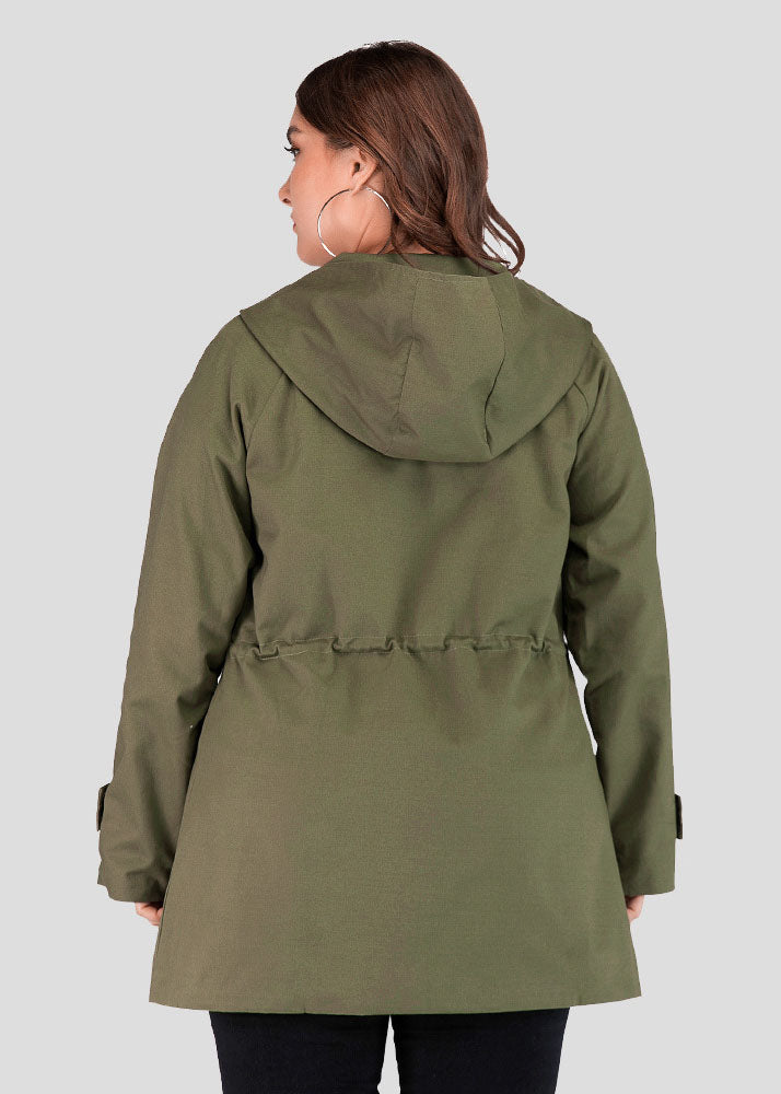Army Green Patchwork Zippered Drawstring Hoodie Trench Coat Long Sleeve